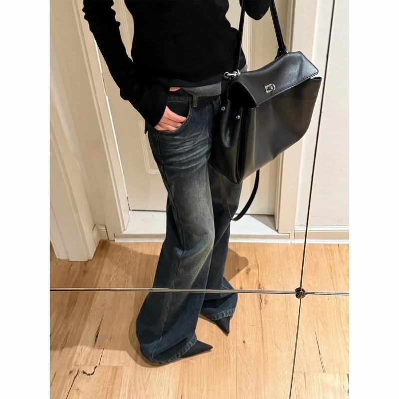 

Women Jeans 2025 Autumn New Women's Jeans Dark Blue Low Waist Flared Retro Loose Straight Casual Denim Pants