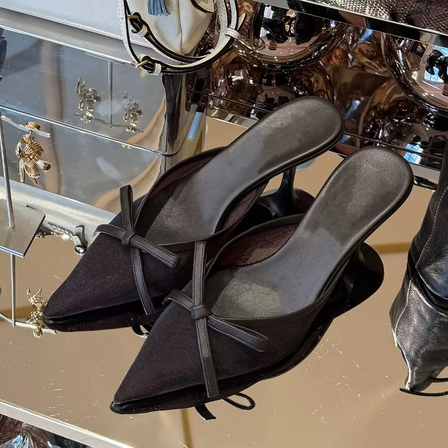 

Women's Mesh Pointed Toe Mule Heels with Bow Detail Sculptural Kitten Heel Backless Slides for Office Parties Elegant Formal