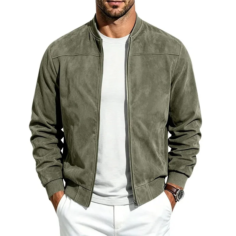 Men's spring-autumn casual jacket in imitation suede, with a round neck and full zipper, a relaxed baseball jacket