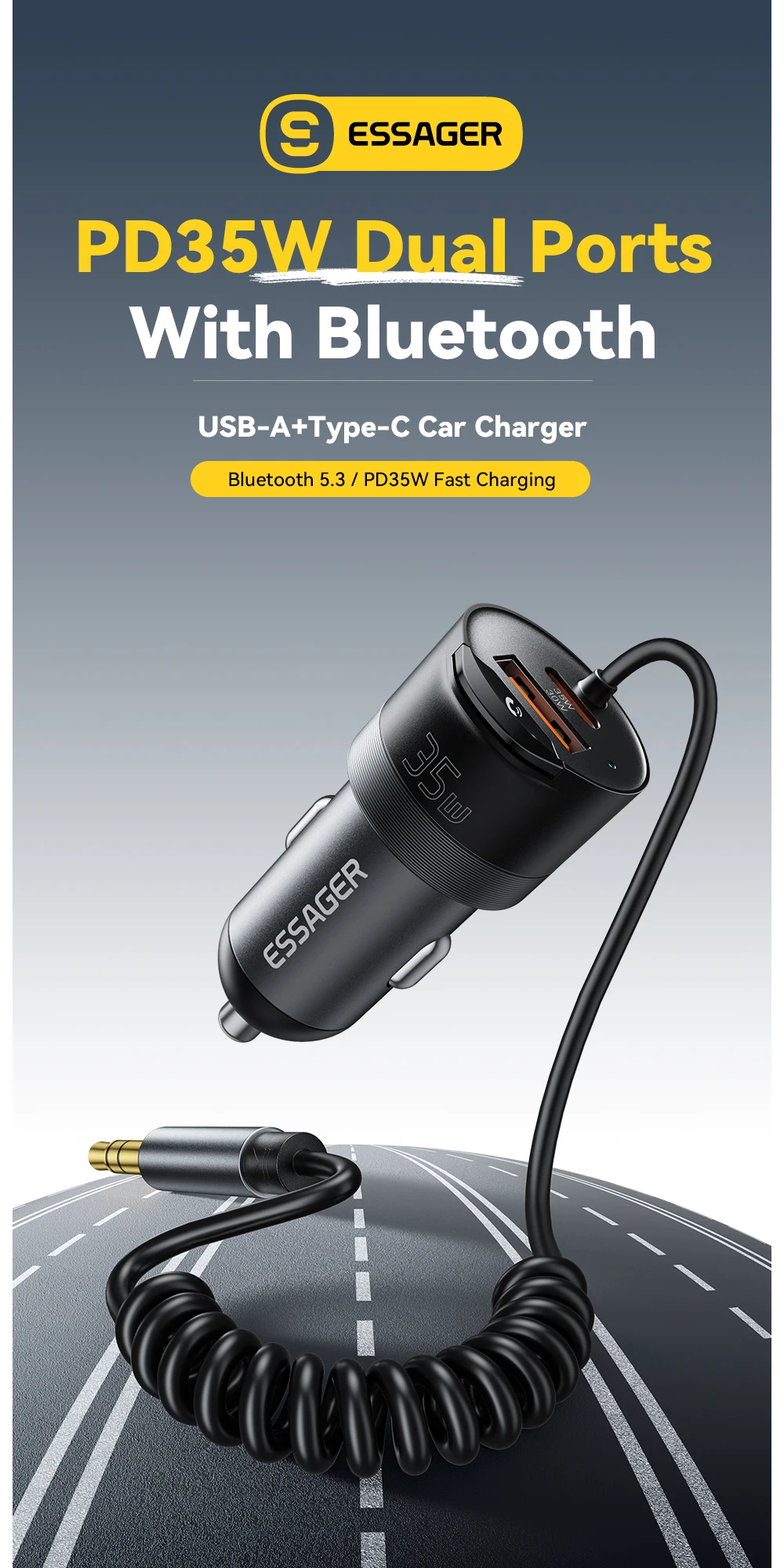Essager Bluetooth 5.3 Car Charger 3.5mm AUX Adapter PD35W QC30W Car Fast Charger for iPhone 16 15 Pro Huawei Xiaomi Samsung iPad