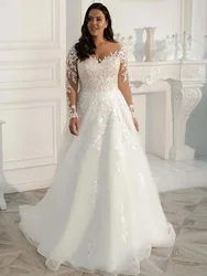 Plus Size Sheer V-neck Wedding Dress Long Sleeves Lace Tulle Applique A-Line Boho Bridal Gown Custom Made robe de mariée