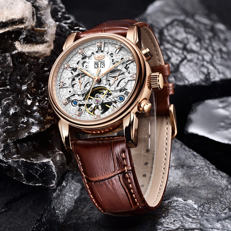 LIGE Top Brand Luxury Skeleton Design Man Watch Mechanical Men\'s Watches Auto Date Business Leather Waterproof Gifts Male Clocks