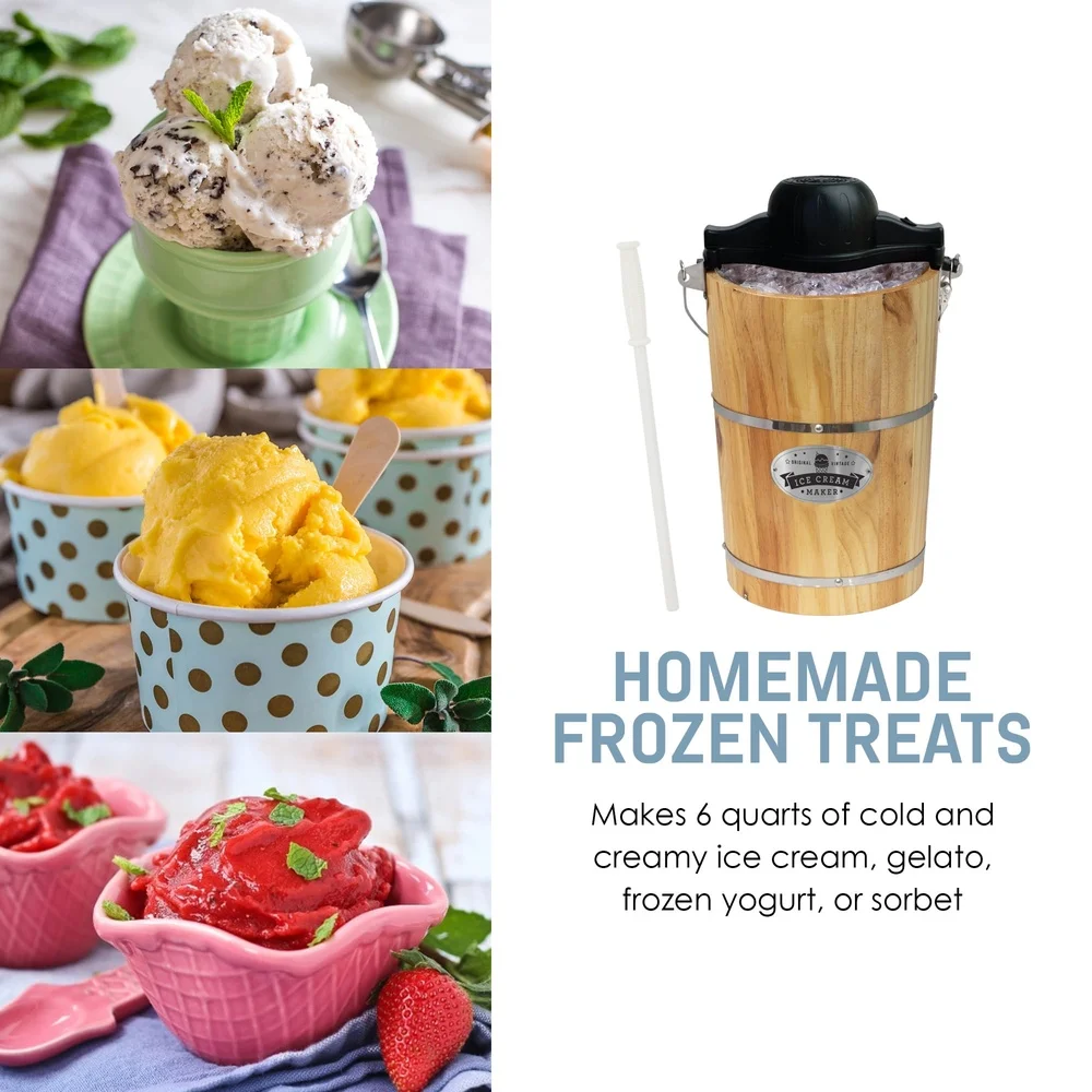 Balde de pinho antigo de 6qt, fabricante de sorvete manual elétrico com temporizador, recipiente de alumínio resistente, fácil limpeza e caseiro