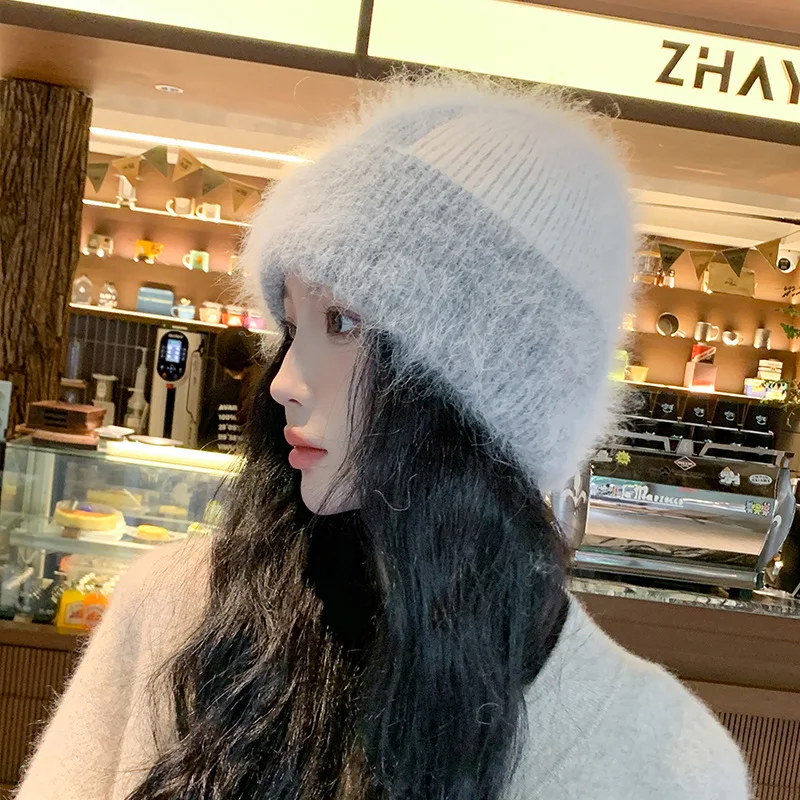 Fashion Headwear Cap Hugger Toque Stocking Knitted large-Head Rabbit Pullover Hat Women Autumn winter Plush warm Woolen 2M80