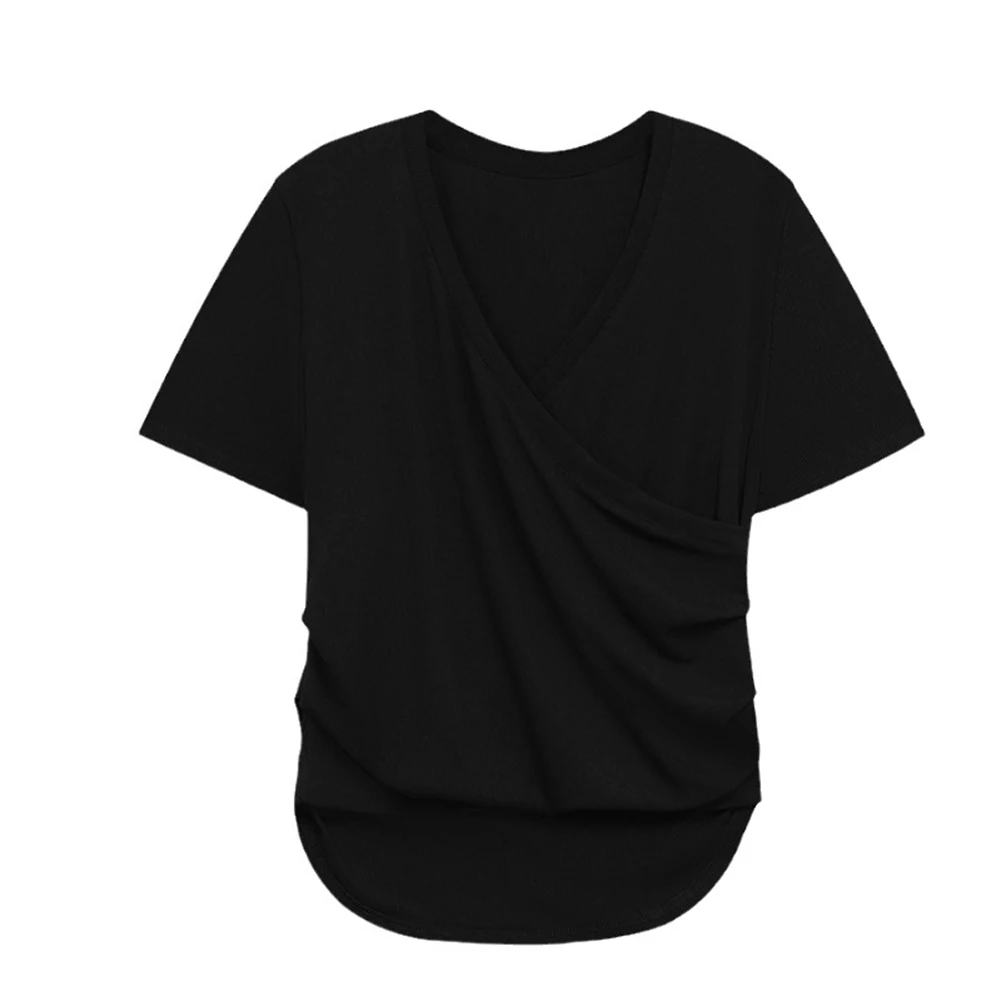 

Short Sleeve Cross V Neck T Shirt for Women Featuring Slight Stretch Fabric and Solid Color for Summer Casual Use