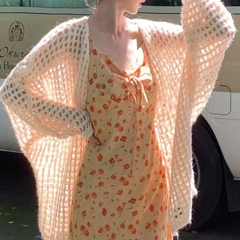 Sweater rajut wanita, Sweater rajutan berongga musim semi musim panas kasual longgar warna Solid