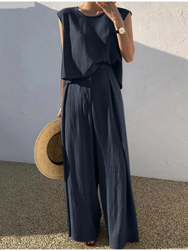 Spring Summer Solid Color Long Pant Sets Two Piece Set Women Fashion Sleeveless Tops Loose Wide Legs Pants Ladies Sets 2024 New