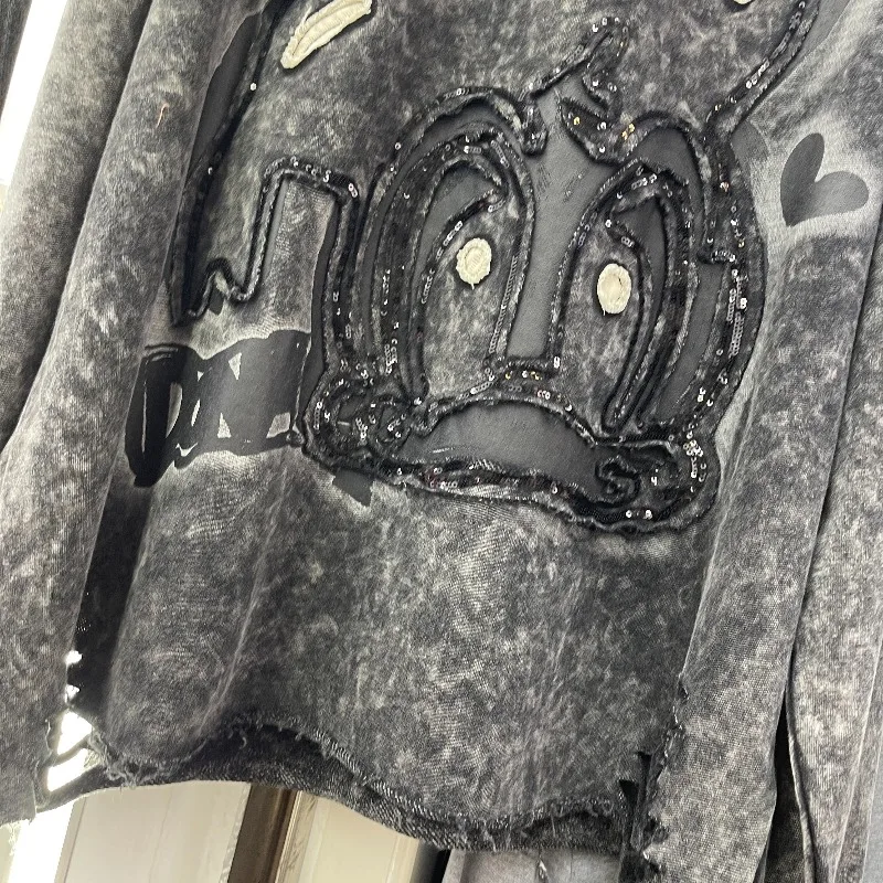 European Autumn New Kawaii Sweatshirt Heavy Industry Cool Sequin Long Sleeves Jacket Fun Printed Top Sudaderas Streetwear Women