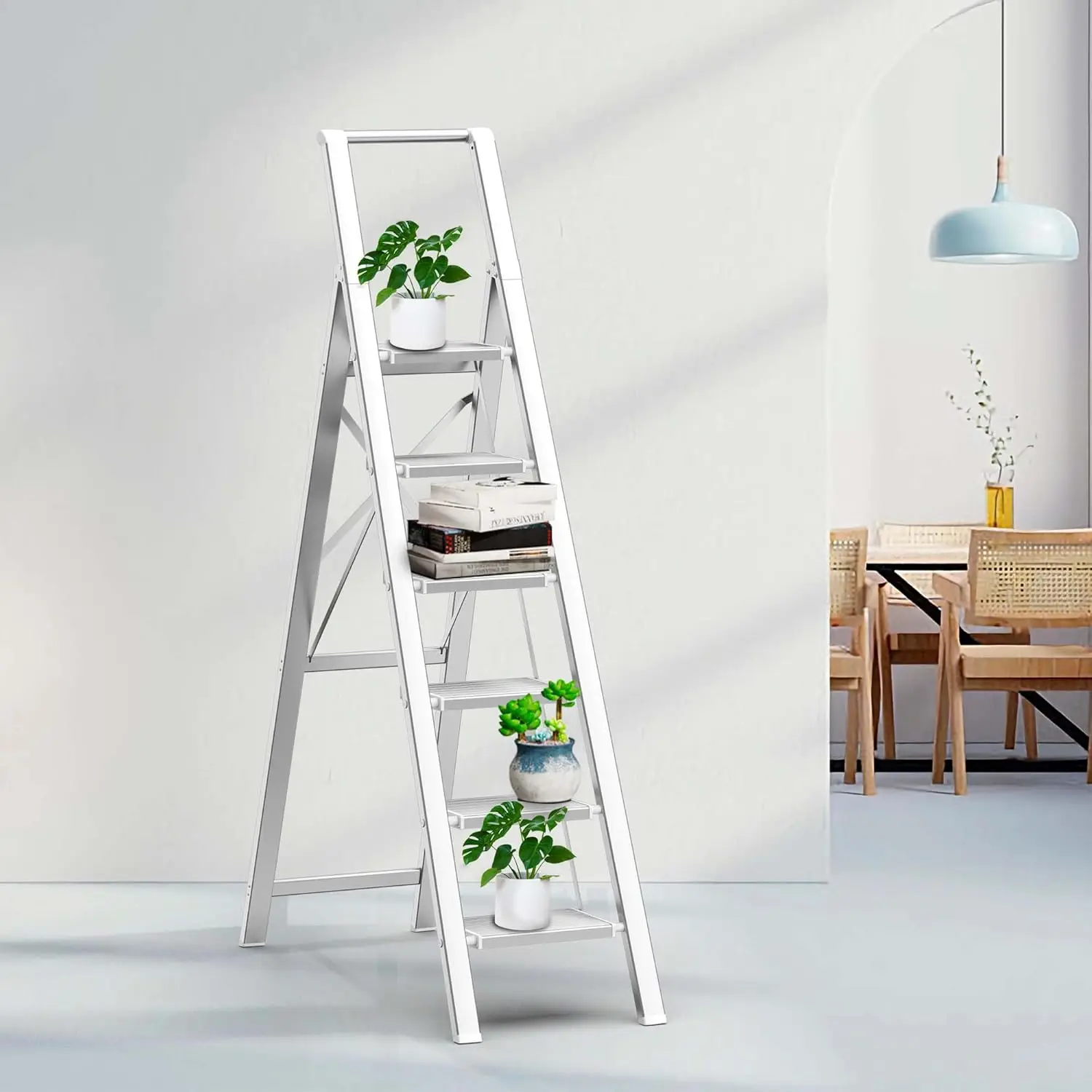 6 Step Ladder for 12 Feet High Ceiling, Lightweight Aluminum Folding Step Stool with Convenient Handgrip, Stepladders