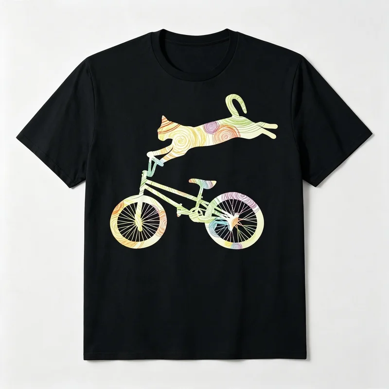 Light Pattern Cat Riding Bicycle Graphic T Shirt Premium Soft Cotton Short Sleeve Men Street Casual Daily Wear Animal Print Tee