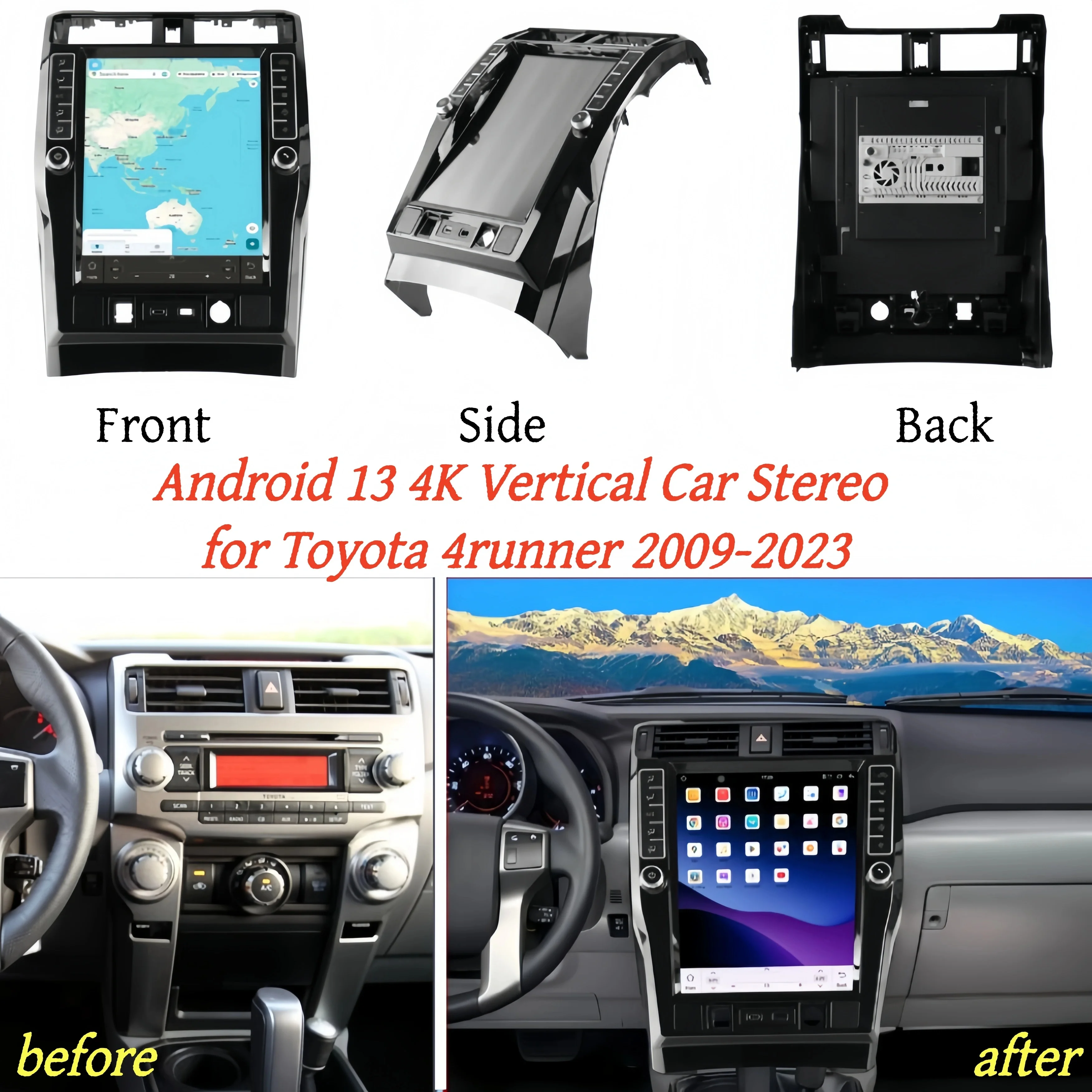 Android 13 4K Wireless CarPlay Vertical Stereo For Toyota 4runner 2009-2023 Multimedia 4G WiFi High Definition Player Head Unit