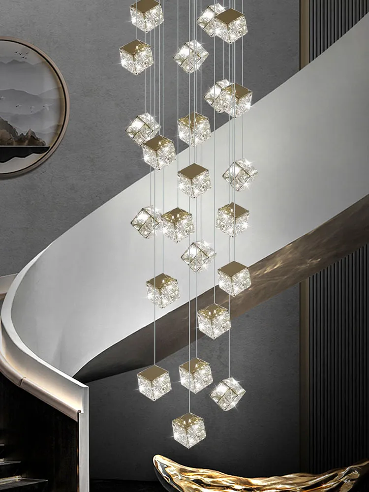 Square Crystal Modern Chandelier for Living Room Lobby Ceiling Luxury Loft Hanging Light Villa LED Lighting Staircase Chandelier