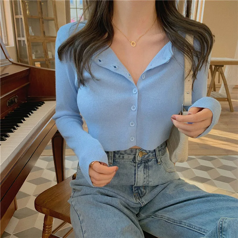 

Sexy V Neck Button Long Sleeve Sweaters Spring Autumn Women Thin Single Breasted Sweater Lady Cropped Tops Jumper