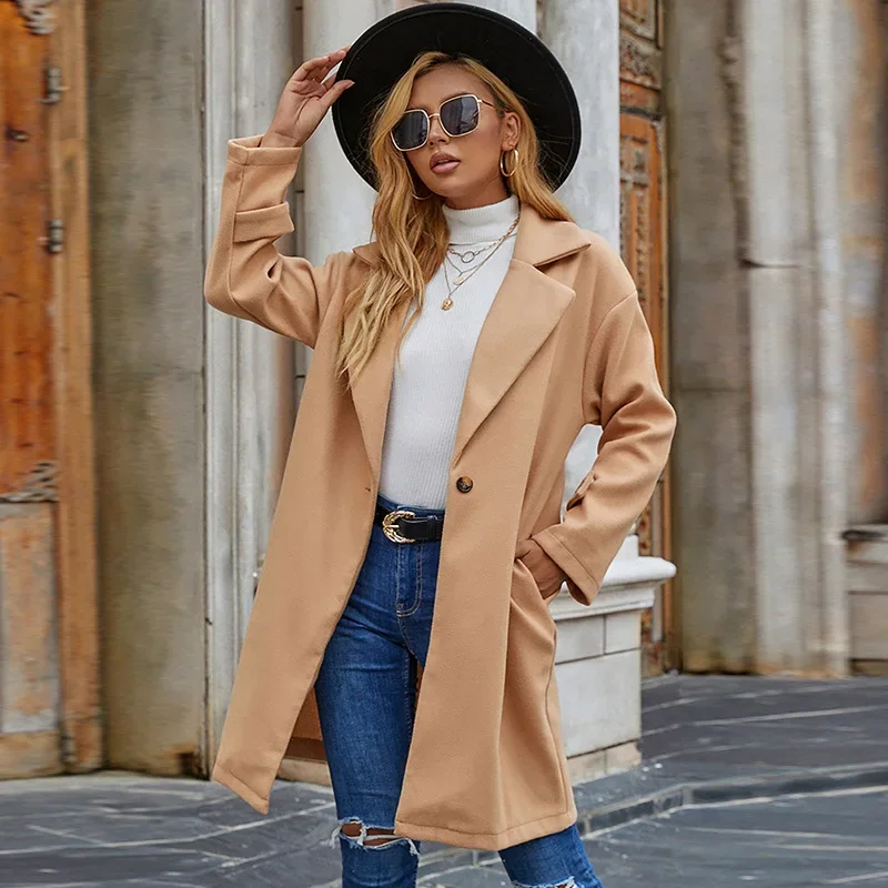 

New Windbreaker Mid-length New 2021 Autumn and Winter Suit Collar Solid Color One Button Long-sleeved Ladies Casual Jacket