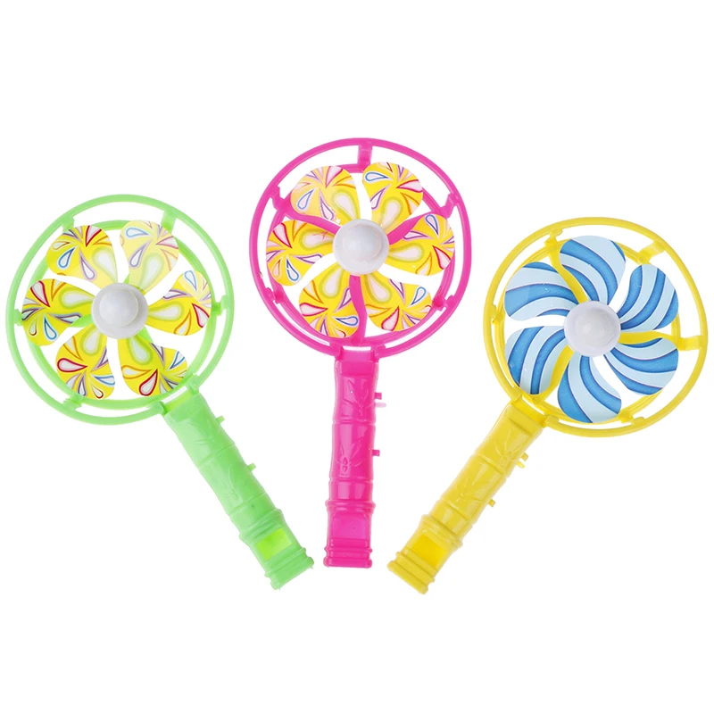 Moinho plástico com Whistling Handle para crianças, Pinwheel Brinquedos, 3 PCs/Set