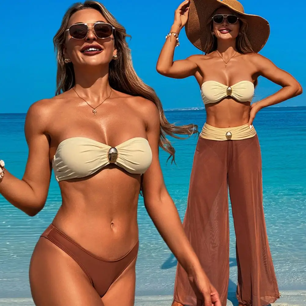 2Pcs/Set Women Swimsuit Set Bandeau Padded No Wire Bra High Waist Swimming Trunks Set Solid Color Split Design Beachwear