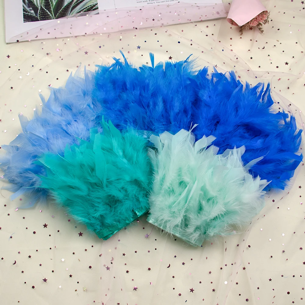 1Meter Multicolor Turkey Feather Trim Fringe Fluffy Stripped Plumas Ribbon 10-15cm for Wedding Dress Clothing Crafts Decoration