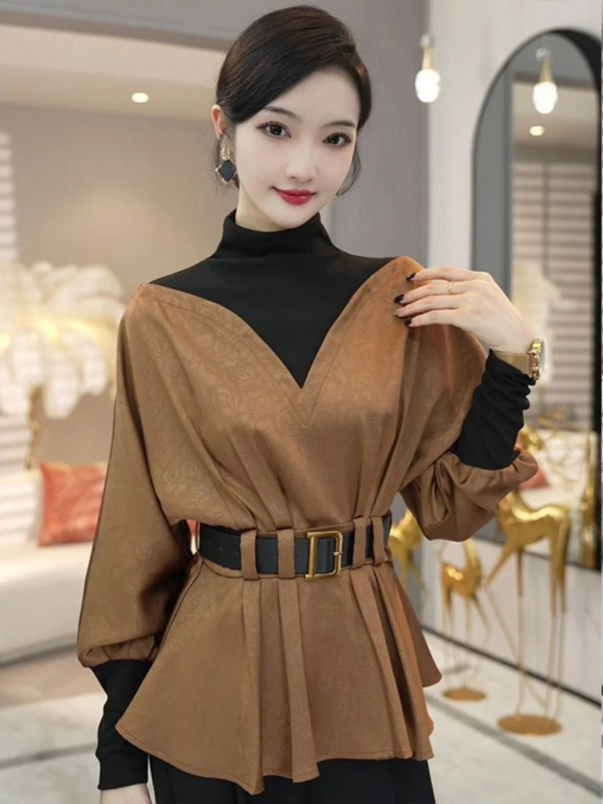 

Early Autumn High-End Feelings Shirt with Belt Luxury Atmosphere Fake Two-Piece Style Women's Business Casual Slim Fit Long S...