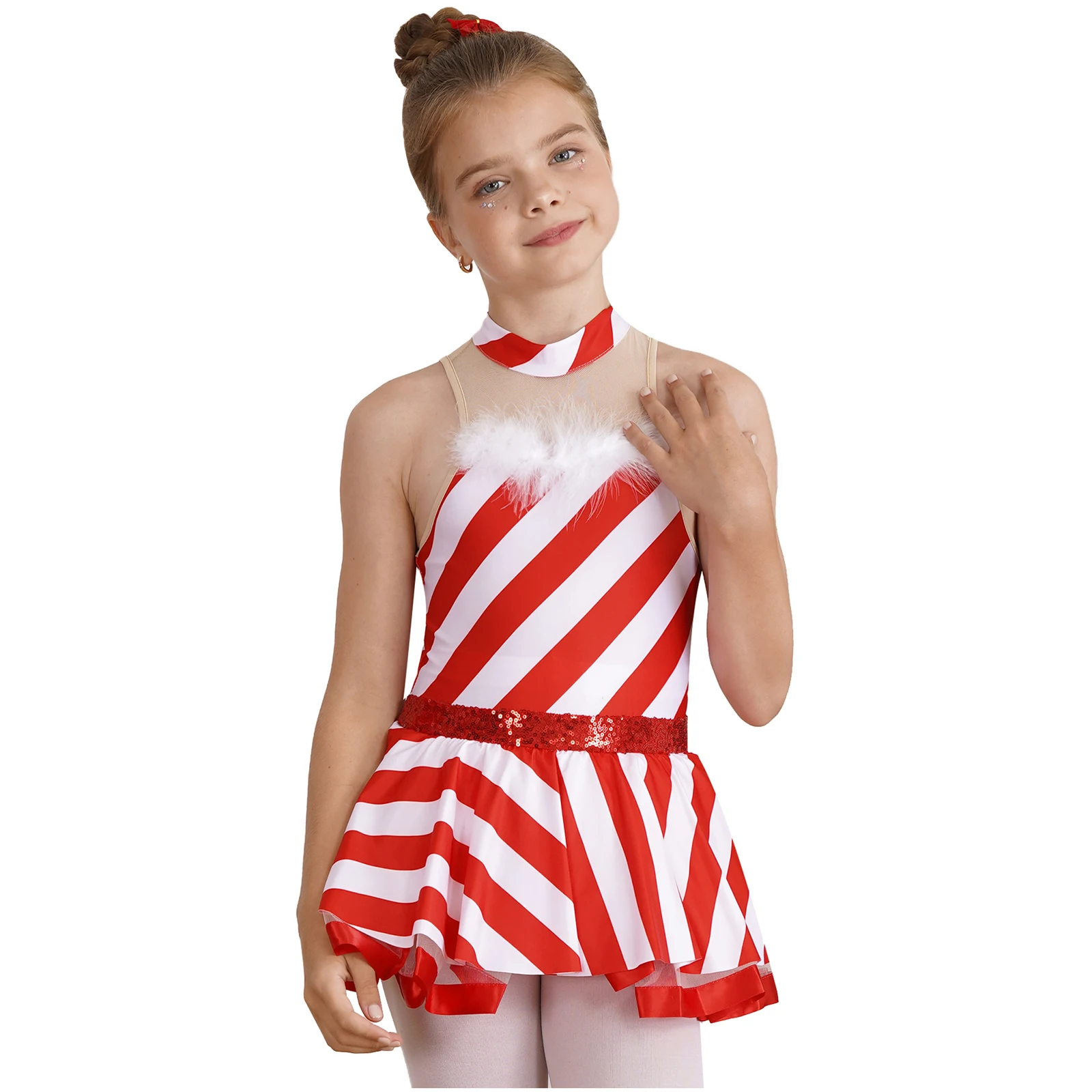 Girls Cosplay Candy Cane Jumpsuit Dress Mesh Splice Stripes Roleplay Dress Christmas Party New Year Costume Stage Dancewear