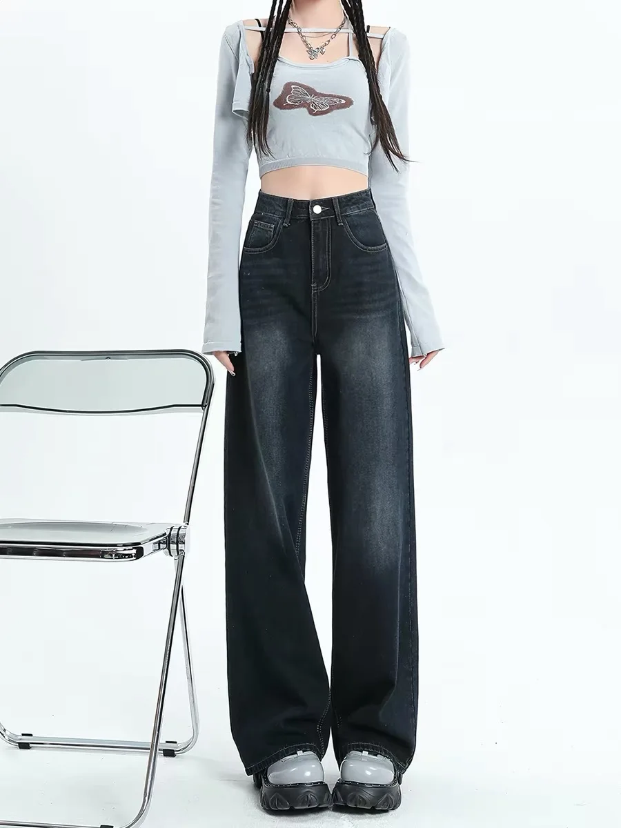 

Deep Blue Retro High Waist Jeans Women's Spring Summer Thin Straight Loose Small Size Draping Floor-Length Pants