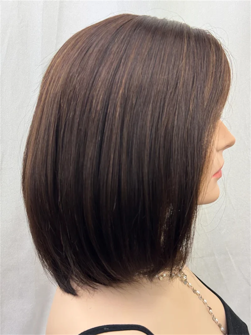 Real Wig Top Lace Ombre Brown Glueless Wigs Synthetic HD Lace Front Wig Preplucked Hairline 12 Inch Short Straight Bob Party Wig