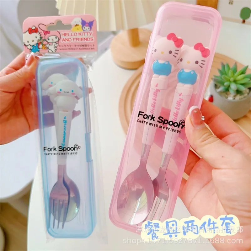 New Anime Sanrio Hello Kitty Kuromi Cinnamoroll Spoon Fork Kawaii Two-piece Tableware Set Portable Cute Dining Out Dining Spoon