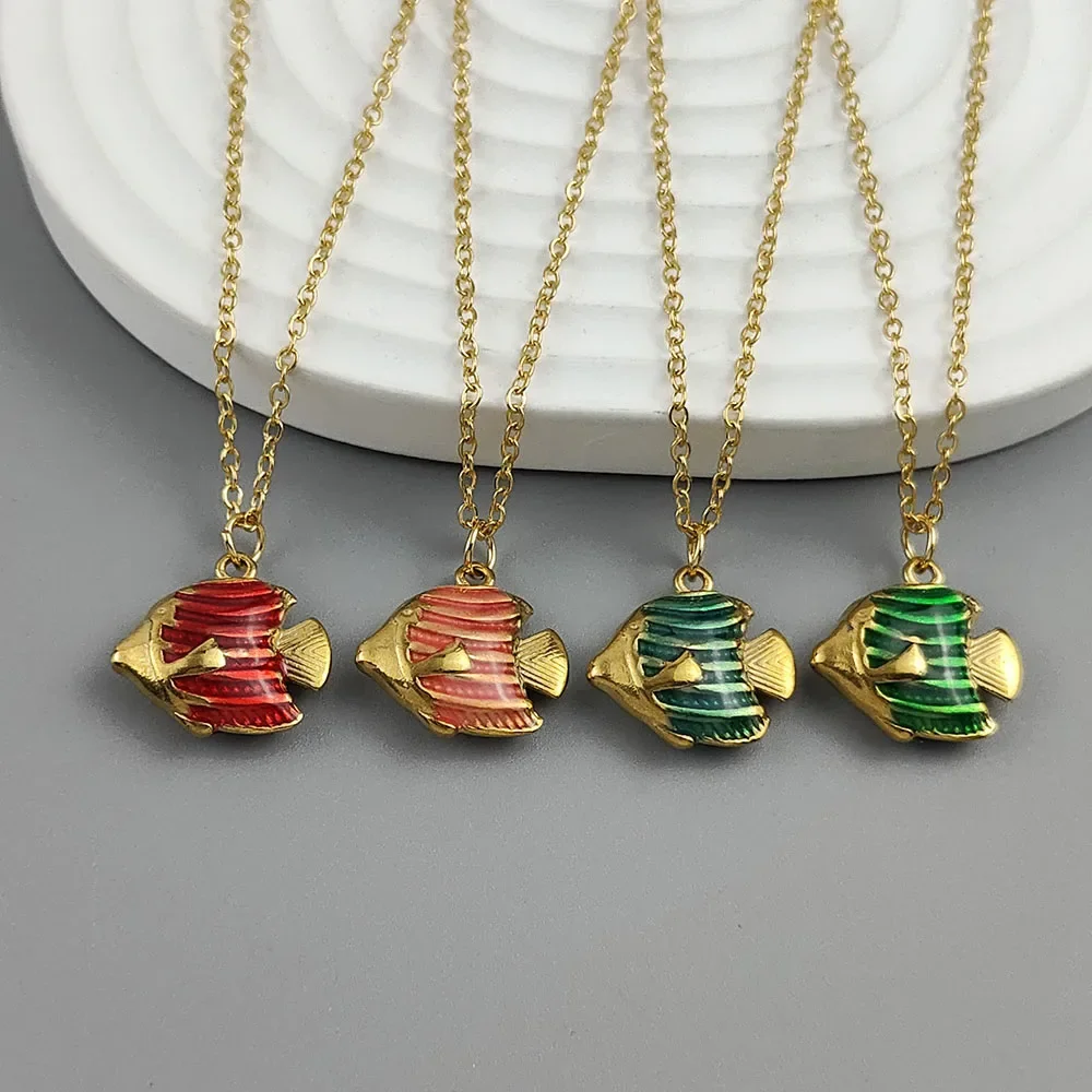 Ins Trendy Color Enamel Fish Cubic Zirconia Drop Oil Necklace Women Charm Elegant Neck Chain Jewelry Anniversary Gift
