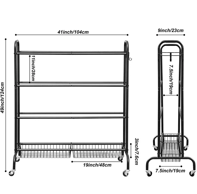 스포츠 공 보관 트롤리 농구 골대 3단 공 홀더, 차고 보관 정리용 금속 바구니 2개 포함