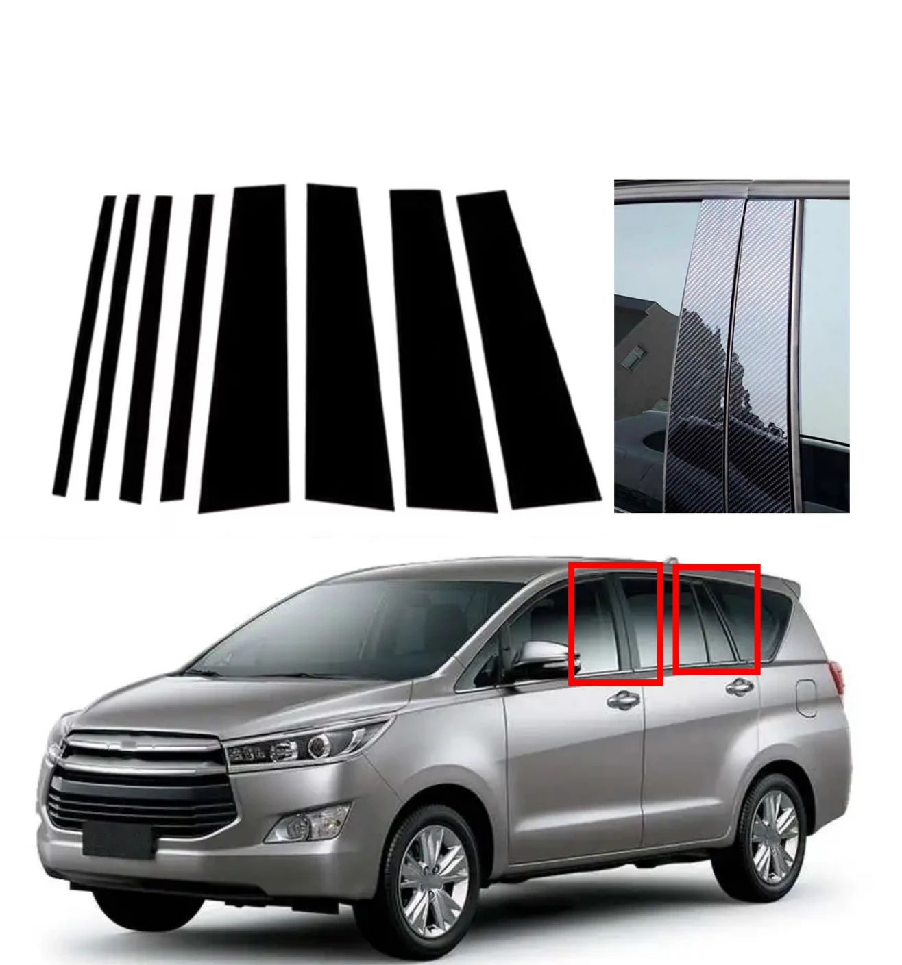 

Fit For Toyota Innova AN140 2016 2017 2018 2019 2020 2021 2022 8pcs Gloss Black Pillar Posts Door Side Window Trim Cover Sticker