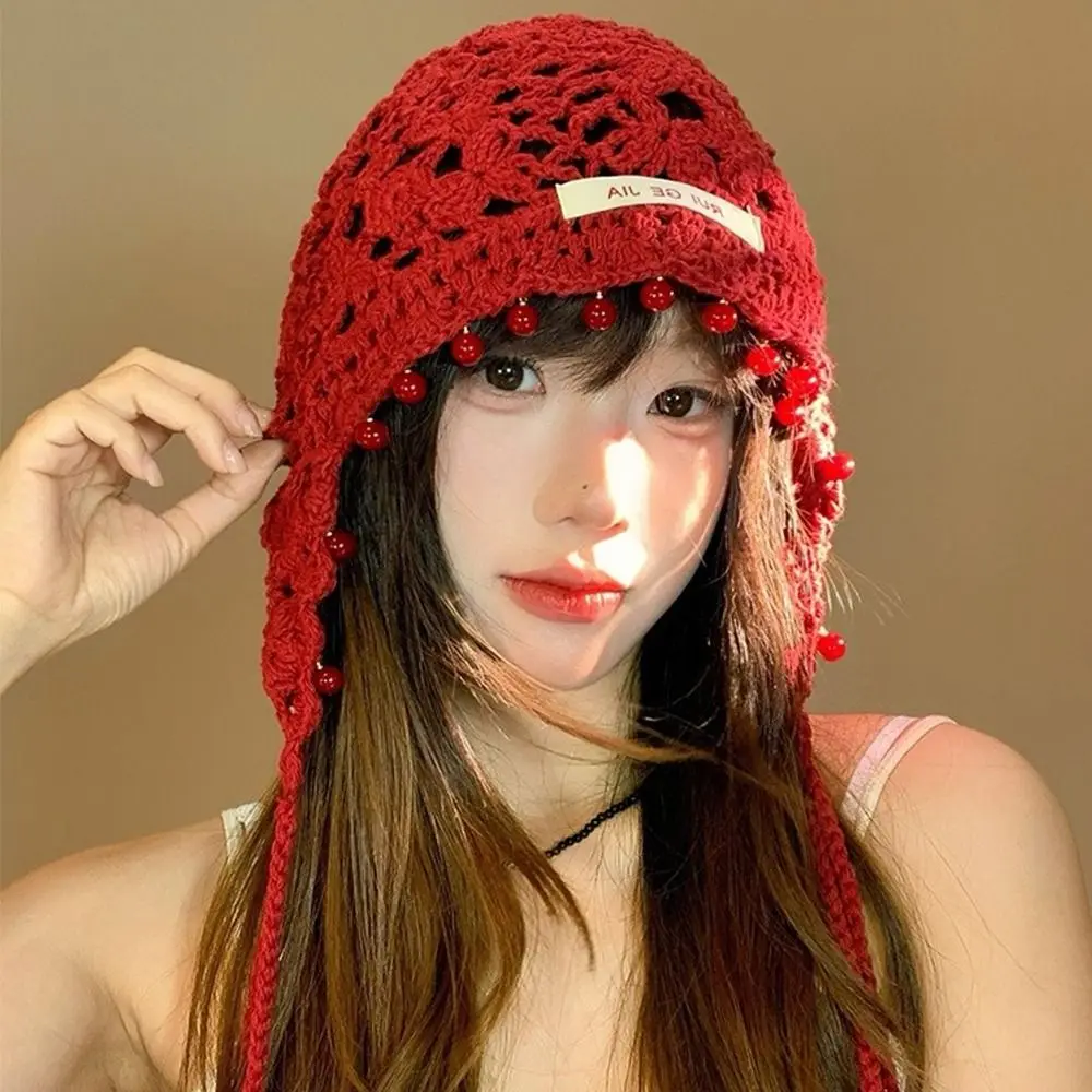 

Cute Handmade Crochet Tassels Cap Pearls Y2k Knitted Beanies Caps Hollow Sweet Weave Basin Hats Women