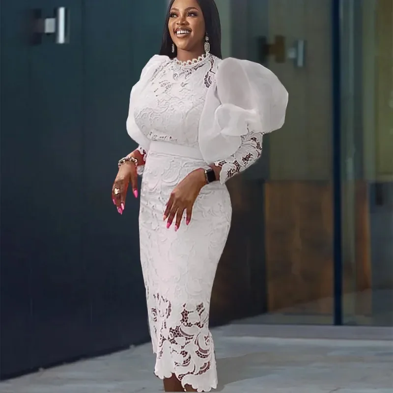 

African Wedding Party Dresses For Women 2025 Summer Elegant African Lace 3/4 Sleeve Evening Long Dress Dashiki African Clothing