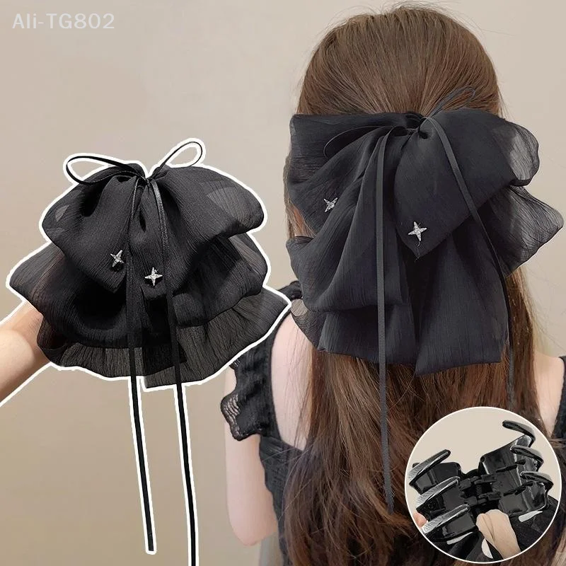 

Black Elegant Women Large Bow Hair Claw Temperament Chiffon Big Bowknot Barrettes Hairpin Women Ponytail Hairpin Hair Accessory