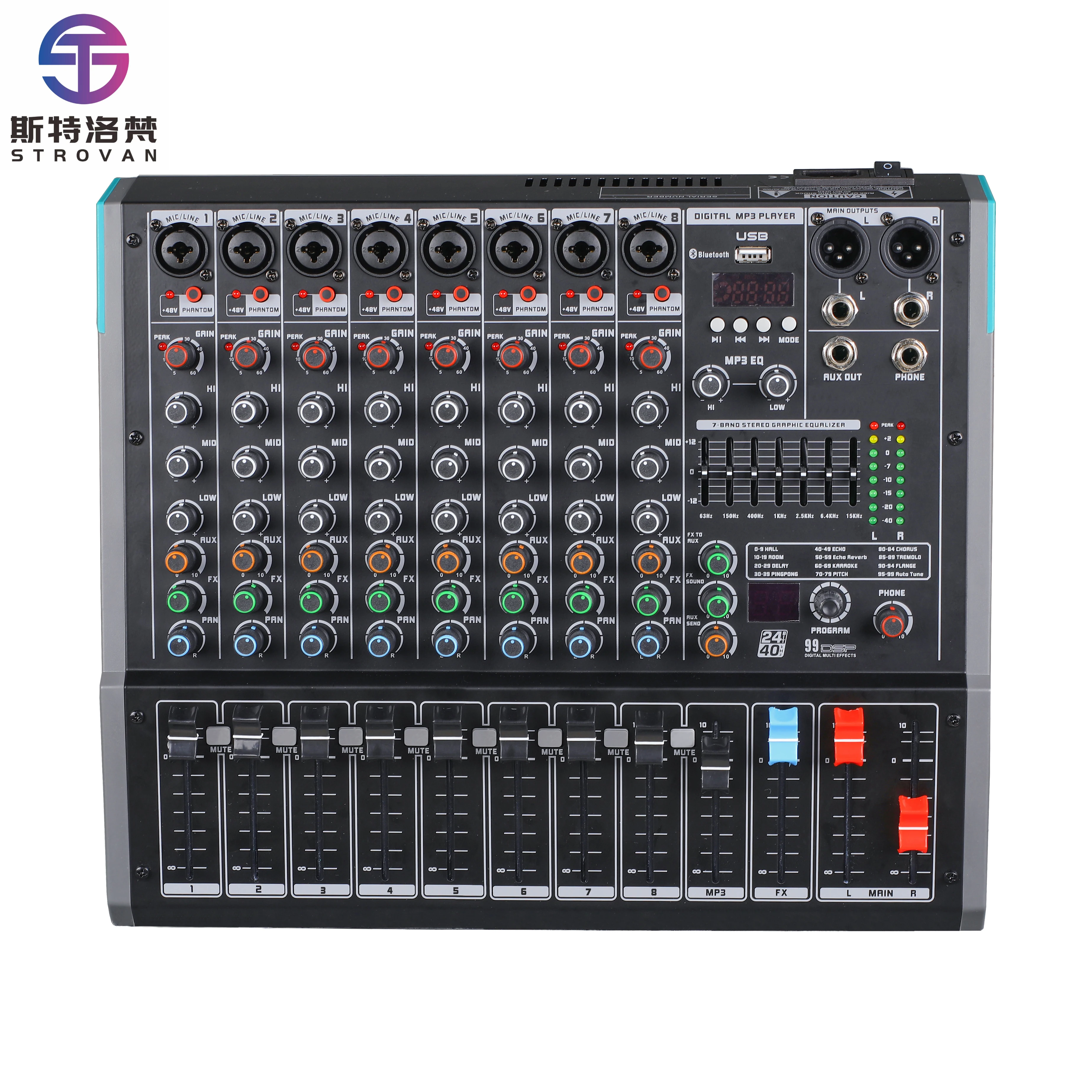 

PA8 8-Channel Professional Audio Mixer USB Audio Console with MP3 Computer Input & 99 Built-In Reverb Effects