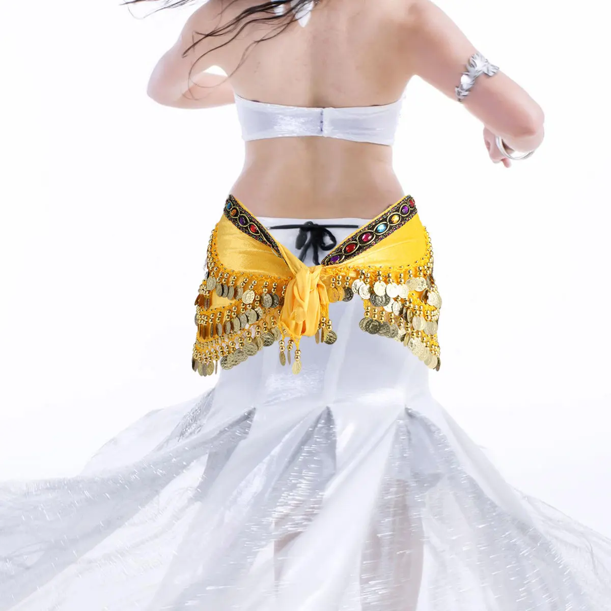 1Pcs Belly Dance Belt Hip Scarf Yellow Durable Tie Design Lightweight with Diamonds Coins for Belly Dance Practice
