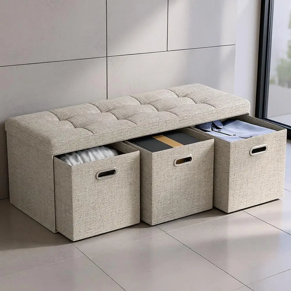 Large 40-Inch Linen Storage Ottoman with 3 Drawers, Multi-Purpose Bench for Living Room, Bedroom, Entryway in Beige