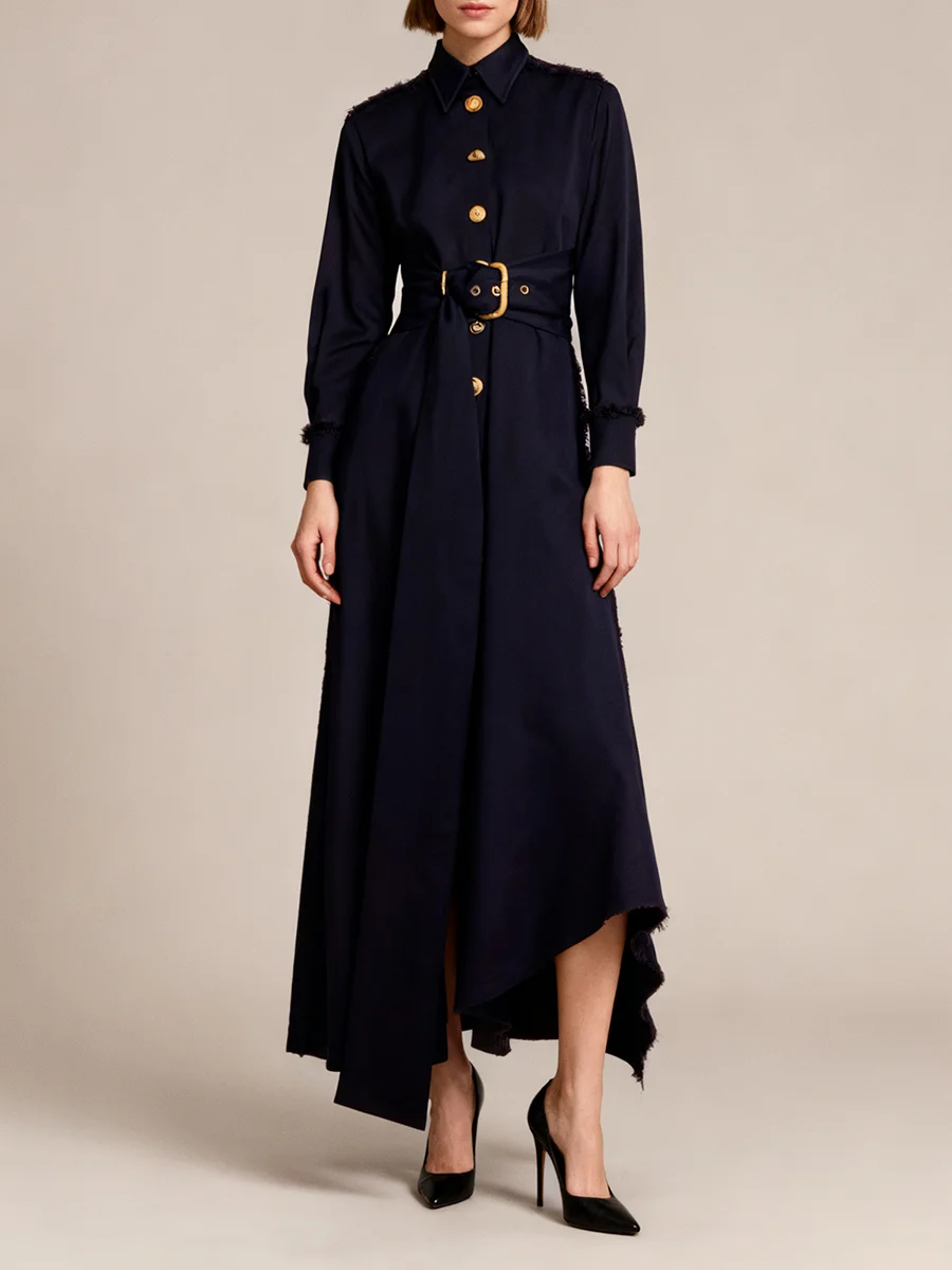 فستان VGH أنيق بحزام مقسم للنساء طية صدر السترة وأكمام طويلة مرقعة بإبزيم معدني على شكل حرف A لحفلات العشاء فساتين متوسطة الطول للسيدات جديد #2