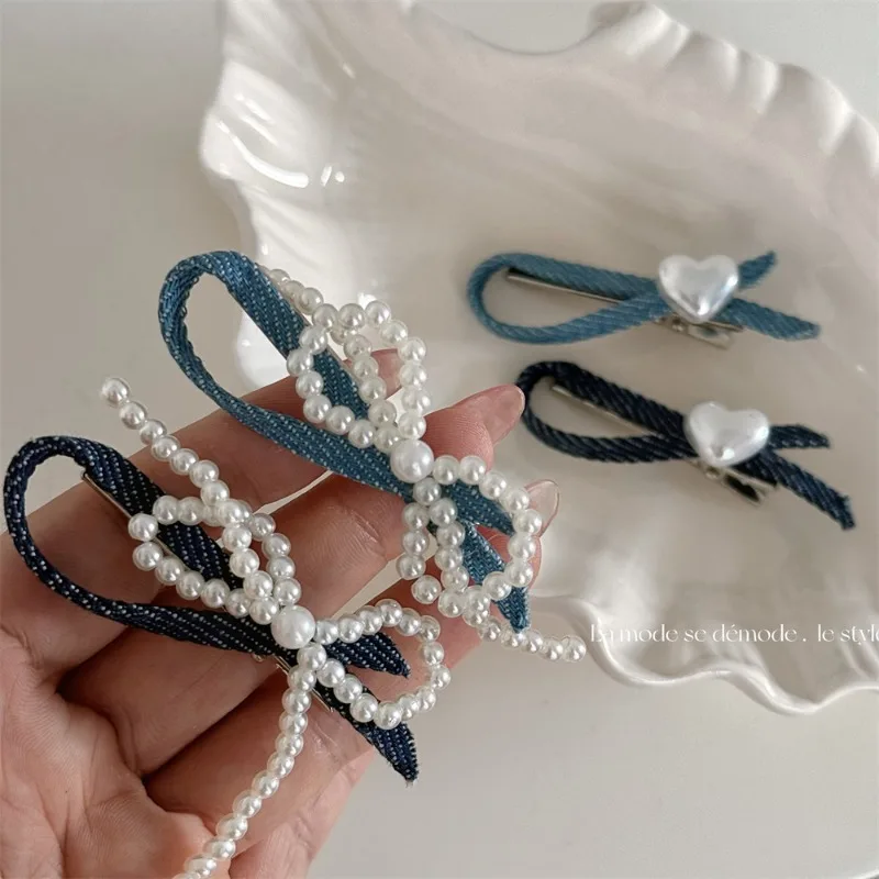 2024 New Korean Style Blue Denim Pearl BowKnot BB HairClips Side Clip with Kawayi Hairpin Barrettes Accessories for Women