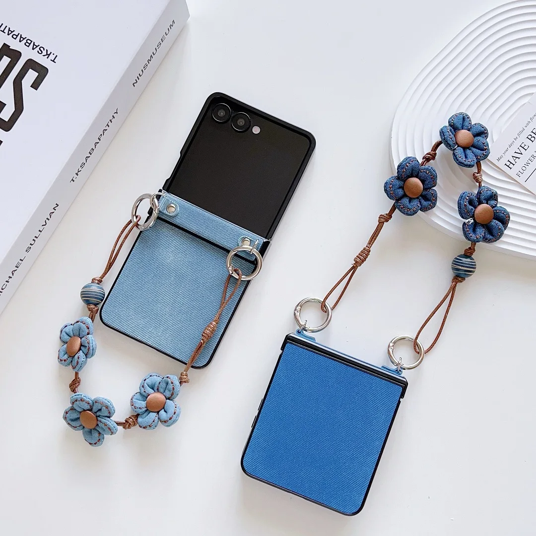 

Trendy Cute Flower Lanyard Rope Denim Case for Samsung Galaxy Z Flip7 Flip5 Flip6 Shell Cover Z Flip4 Z Flip 5 Z Flip 6 Z Flip 7