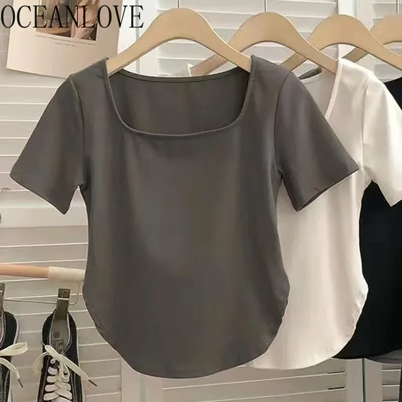 OCEANLOVE Y2k T Shirt per le donne Solido collo quadrato Primavera Estate Sexy T-shirt corte Nozioni di base Sottile Moda coreana Casual Ropa De Mujer