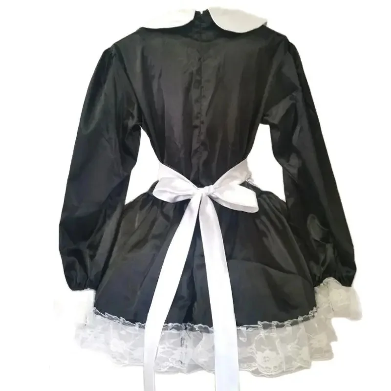 French Sexy Adult Custom Fetishist Cross Dressing Sissy Collar Long Sleeved Independent Apron with Precious Lace Hem Dress