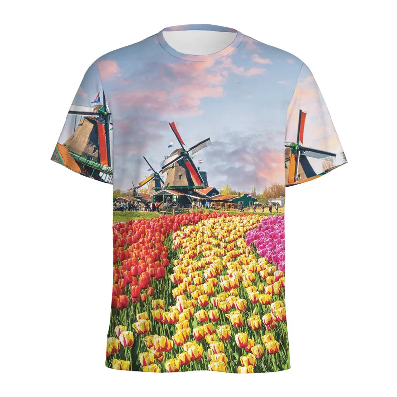 Dutch Tulip Flower Pattern T-shirt Tops Women 3D Printed Floral Tees Summer Round Neck T Shirt For Men Loose Short Sleeves