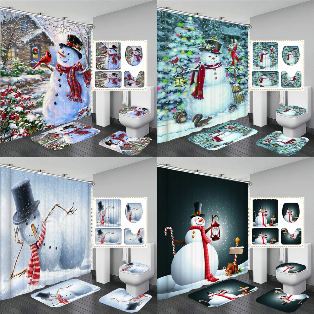 

Merry Christmas Shower Curtains Bathroom Curtain Set Santa Snowman Bath Mats Toilet Lid Cover Non-Slip Carpet Home Decor