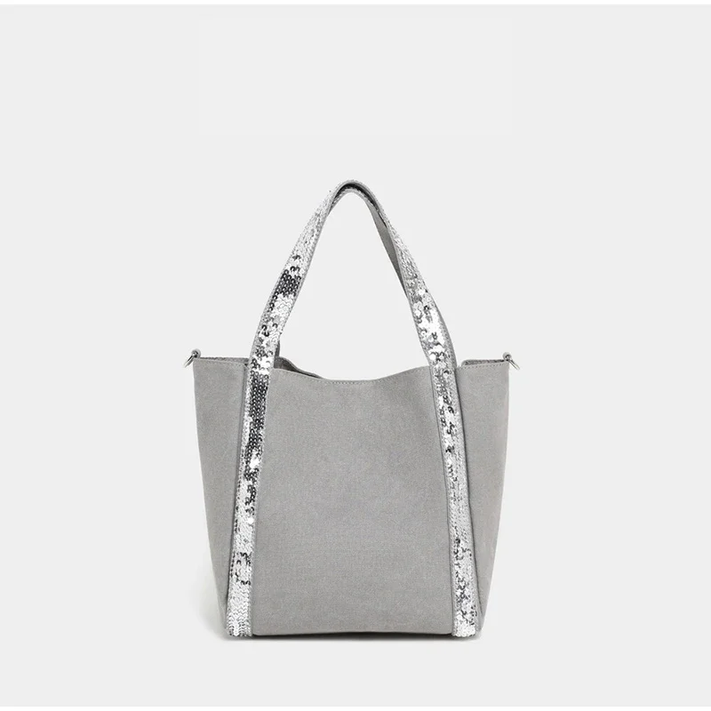 Pailletten-Canvas-Einkaufstasche mit Reißverschluss, große Kapazität, Vintage-Kontrastfarbe, Damen-Umhängetasche, Designer-Pendler-Alltagshandtasche, Schwarz – Detail 23