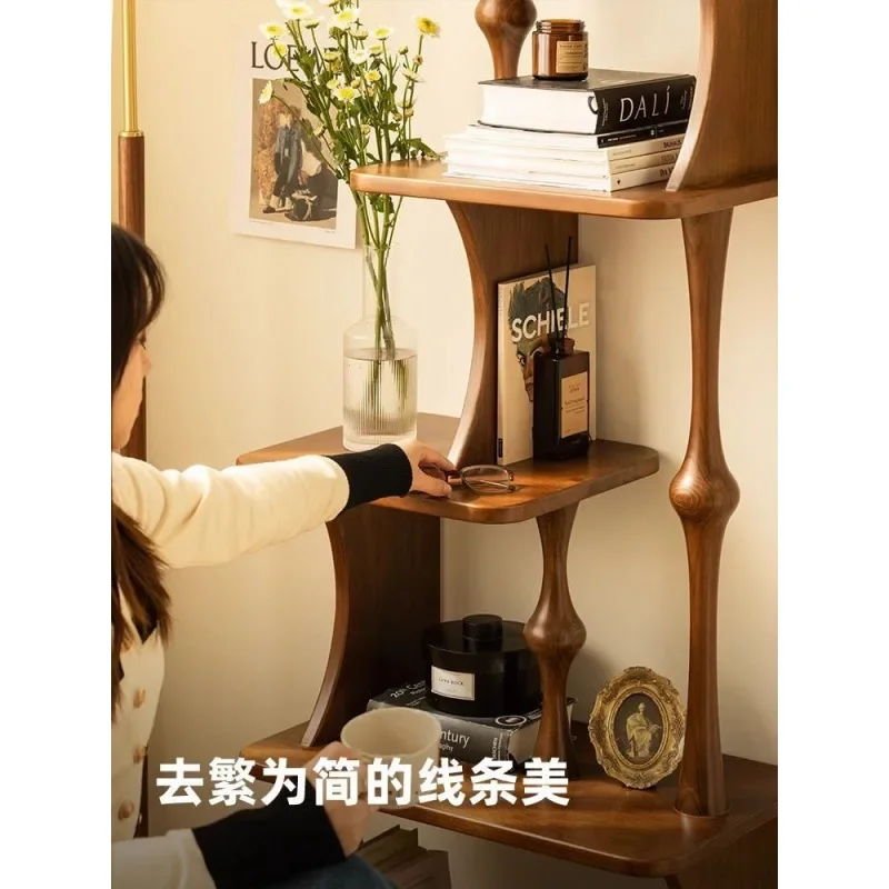 French solid wood shelf, living room bookshelf, American multi-layer storage rack, small apartment balcony, flower shelf, living