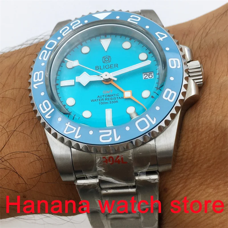 BLIGER NH34A(GMT) Watch 40mm Dome glass silver case  Luminous blue dial Snowflake hand ceramic bezel