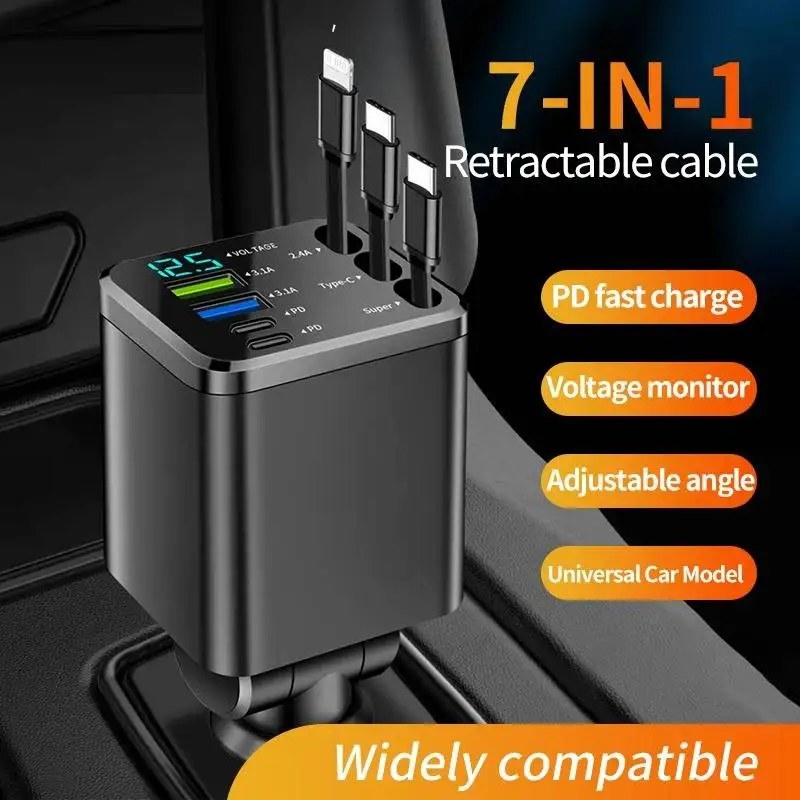 

Car Charger Super Fast Charging USB Type C PD Fast Charging Voltage Detection Retractable For Ios and Android Phone Charger