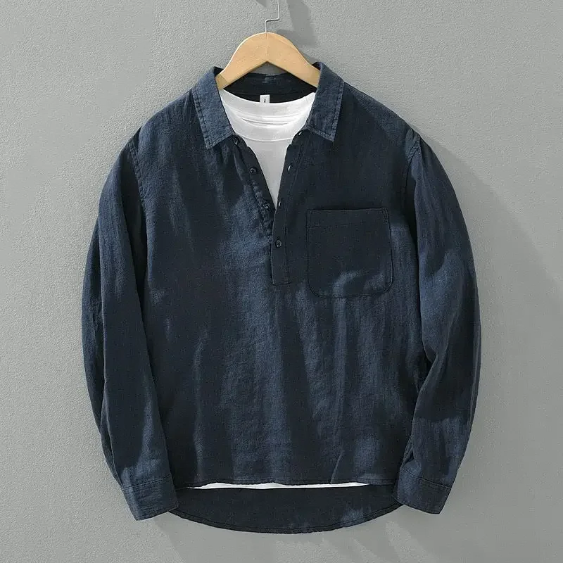 

HC Japanese retro long-sleeved linen shirt men's summer new loose pullover square neck shirt casual cotton and linen