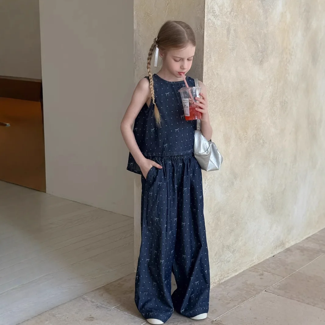 

2025 Summer New Korean Girls' Polka Dot Bow Full Print Tank Top Wide Leg Jeans Set Girls' Two Piece Set