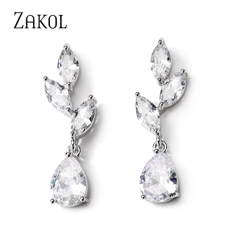 ZAKOL White Color Flower Shape Zircon Water Drop Crystal Pendant Dangle Earrings For Women Bridal Wedding Jewelry EP2469