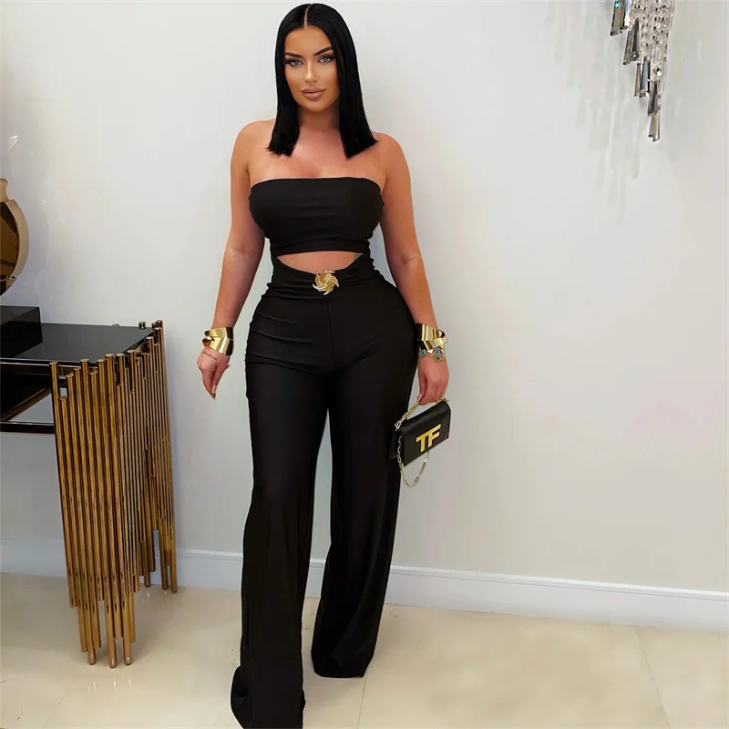 

Sexy Strapless One Piece Jumpsuit Woman Elegant Party Club Hollow Out Skinny Slim Wide Leg Rompers and Jumpsuits Birthday Outfit